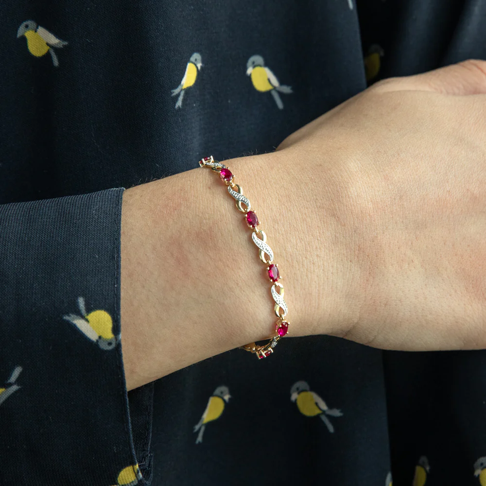 9ct Yellow Gold Created Ruby and Diamond 18cm Infinity Bracelet - Image 3