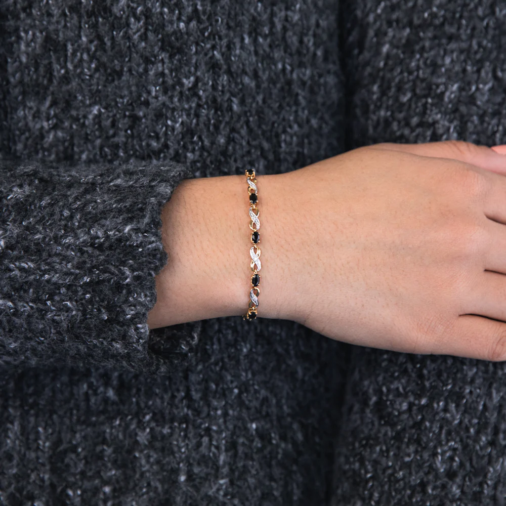 9ct Yellow Gold Natural Black Sapphire and Diamond Infinity Bracelet 18cm - Image 3