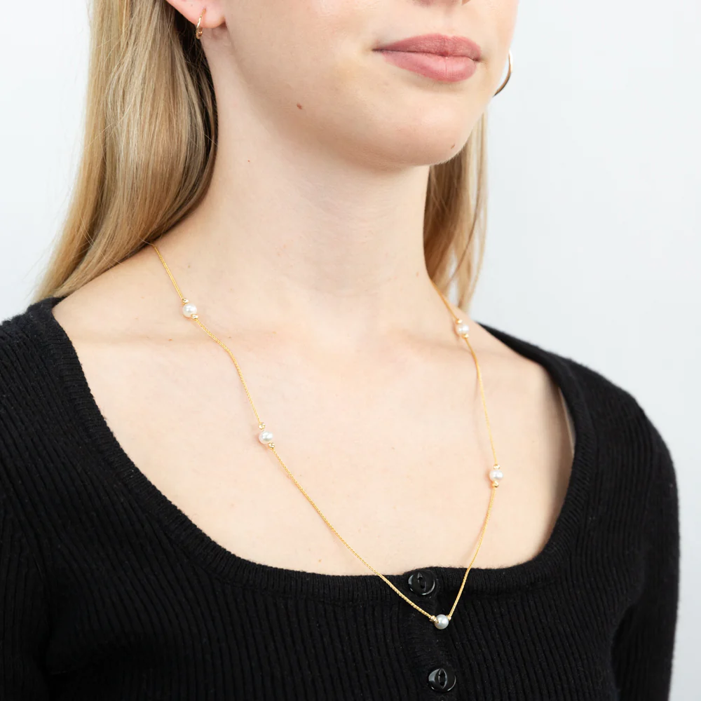 9ct Yellow Gold Silverfilled White Beads 25 Gauge Wheat 60cm Adjustable Chain - Image 3